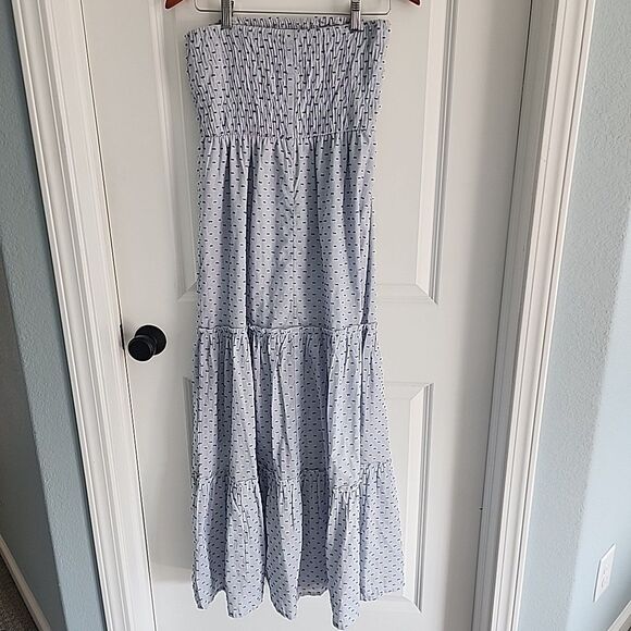 Sim & Sam Strapless Maxi Dress Blue Tiered Ruffle Size M Cotton Peasant NWT - Picture 2 of 8